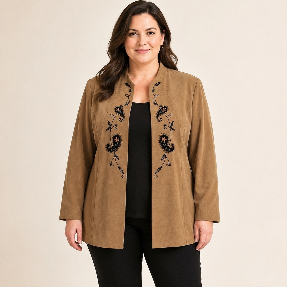 Studio I Women's 14W Camel Faux Suede Embroidered Open Front Jacket